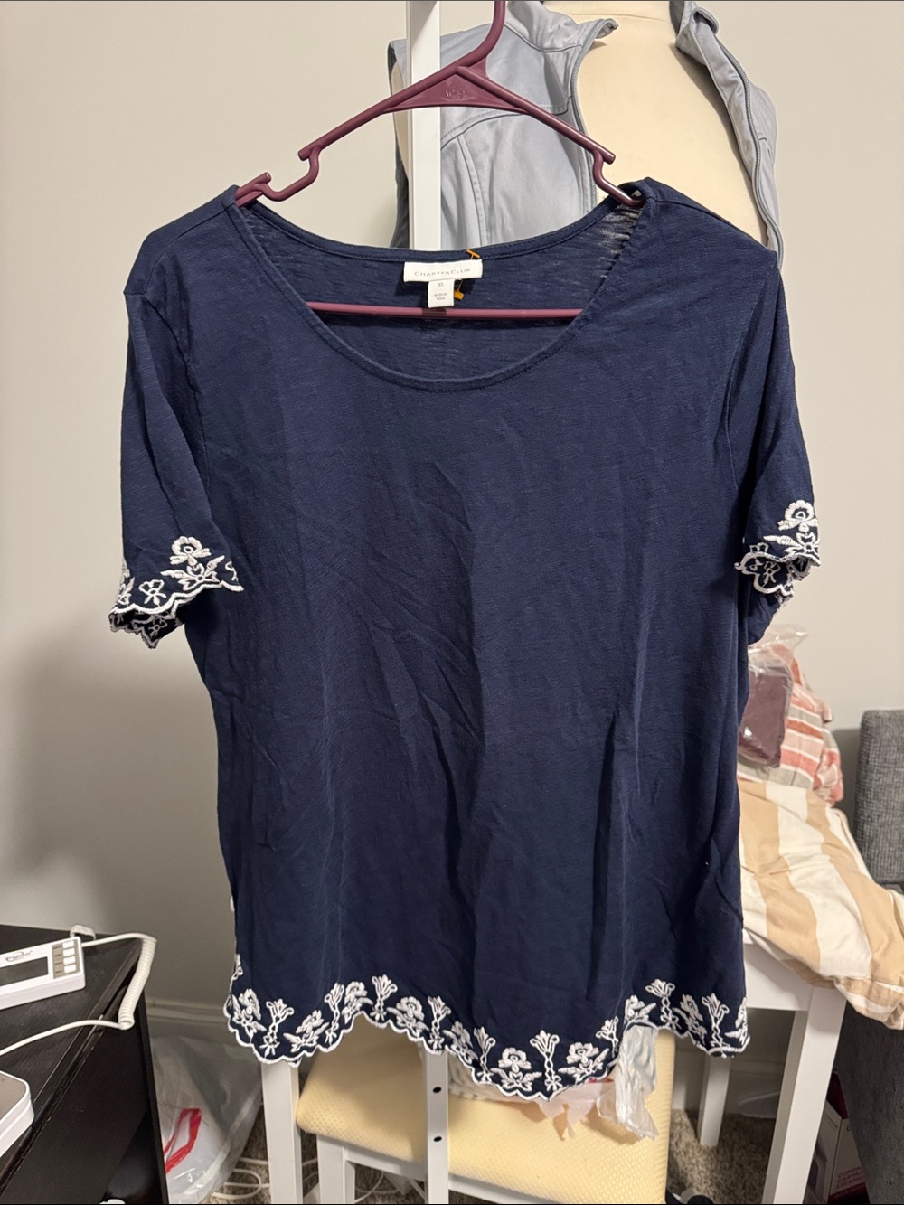 Charter Club Navy Short Sleeve Tee with White Embroidered Hem
